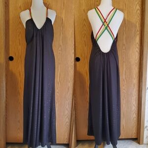 COOGI black rasta strappy maxi dress allover logo print stretch polyeste…